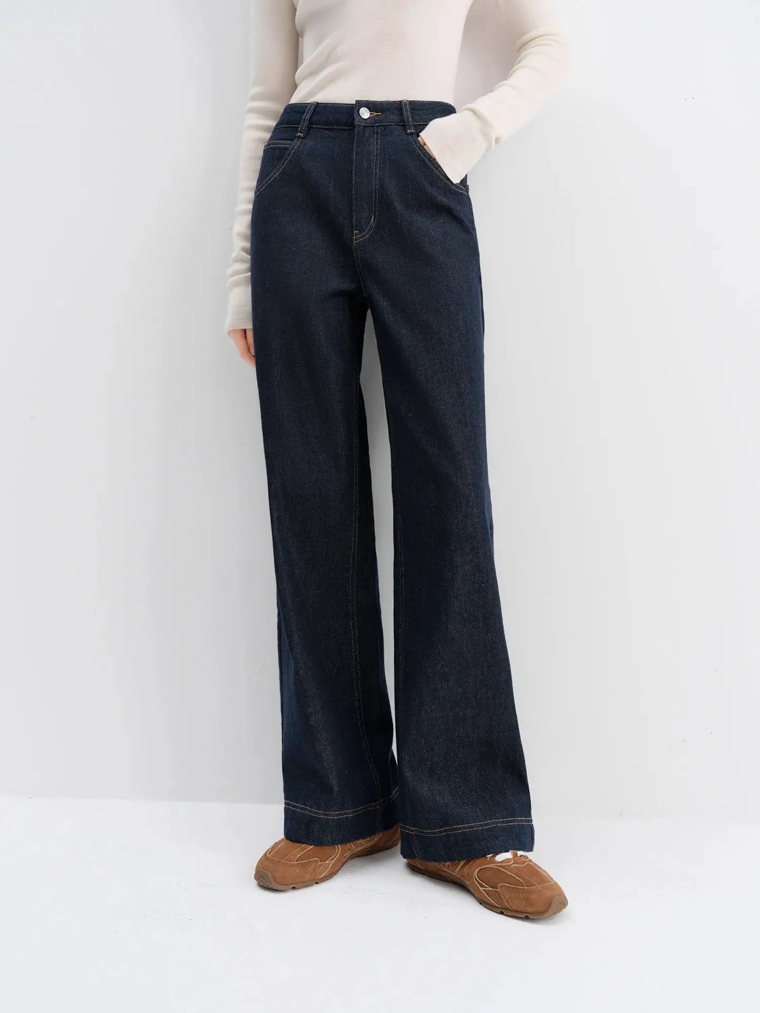 FSLE Straight High Waist Jeans For Women Korean Style Winter Versatile