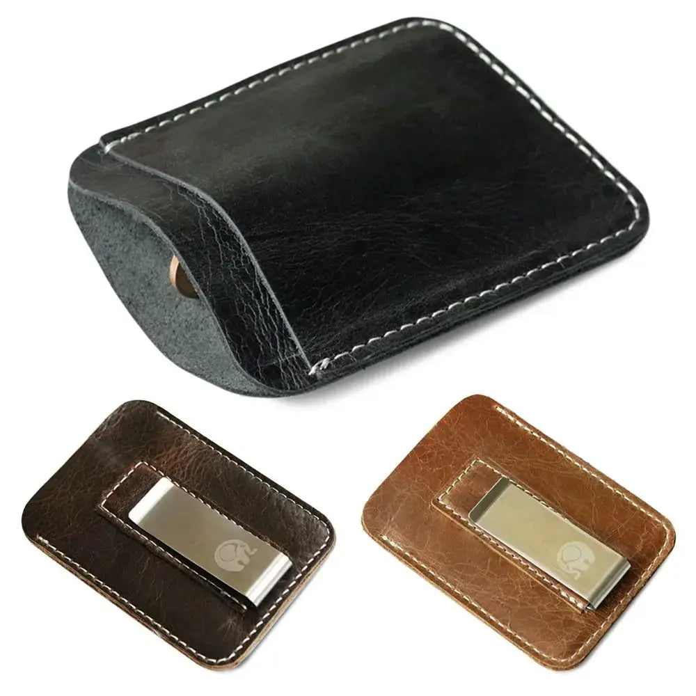 Men's leather money clip wallet with metal clamp; 3-color set: black, brown, tan by Simples Market
