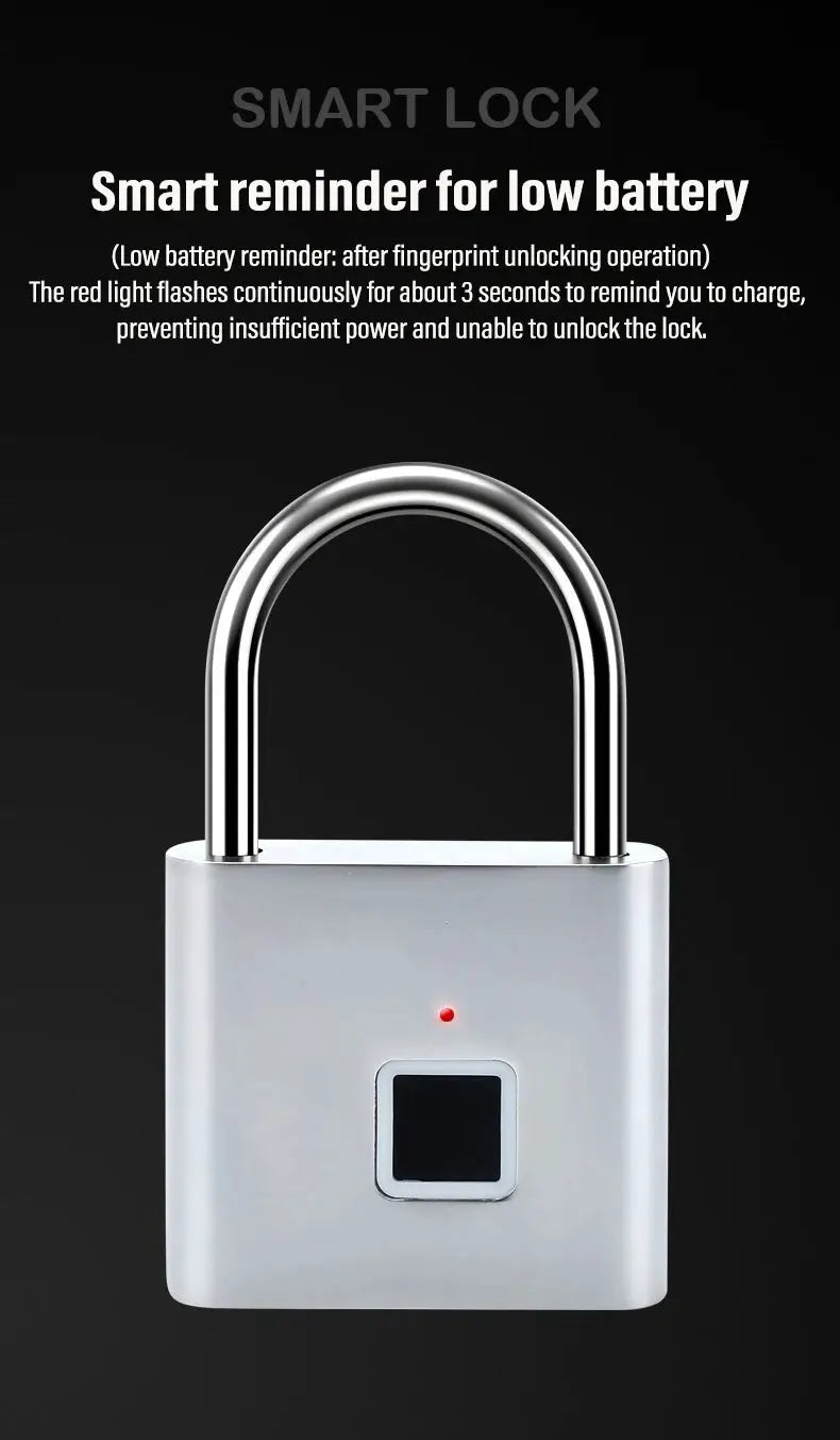 Simples Market keyless fingerprint padlock with USB charging, silver body and curved shackle, fingerprint sensor.