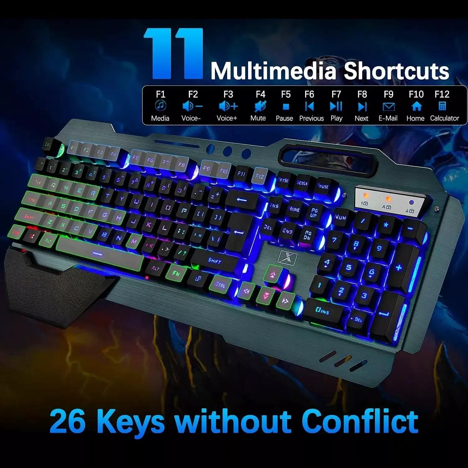 Wireless keyboard and mouse set with rainbow RGB backlit keyboard, 7-color gaming mouse, and pad by Simples Market