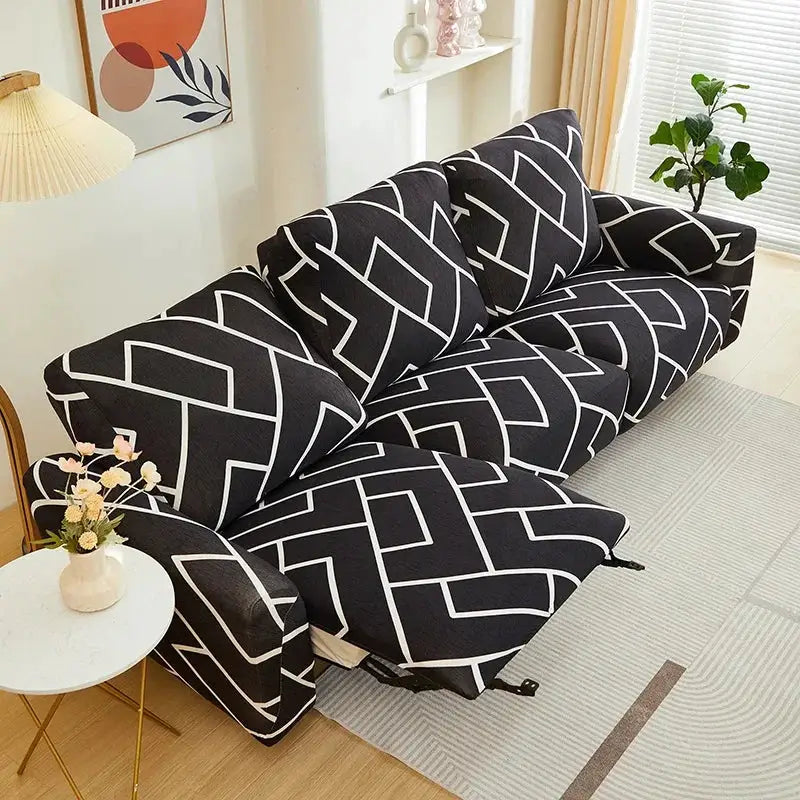 Elastic recliner sofa cover in black with white geometric pattern for living room