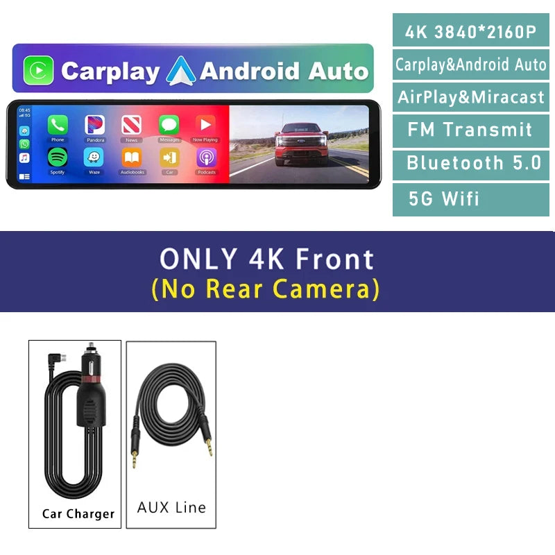 11.26 Inch 4K Car DVR With CarPlay Android Auto Dash Cam GPS WiFi