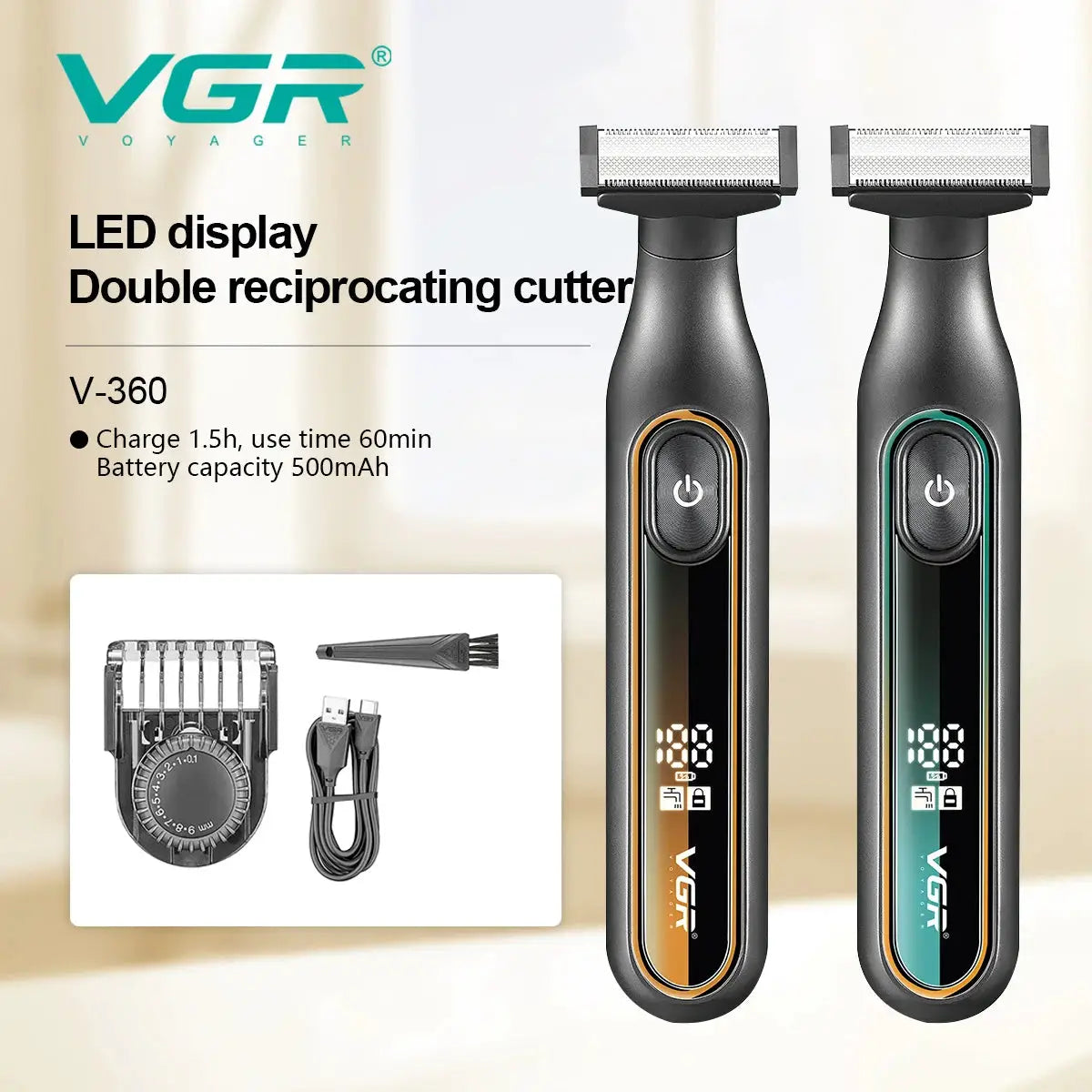 VGR 360 hair trimmers (2) with LED display; waterproof, rechargeable, full-body washable; includes cleaning brush and USB cable