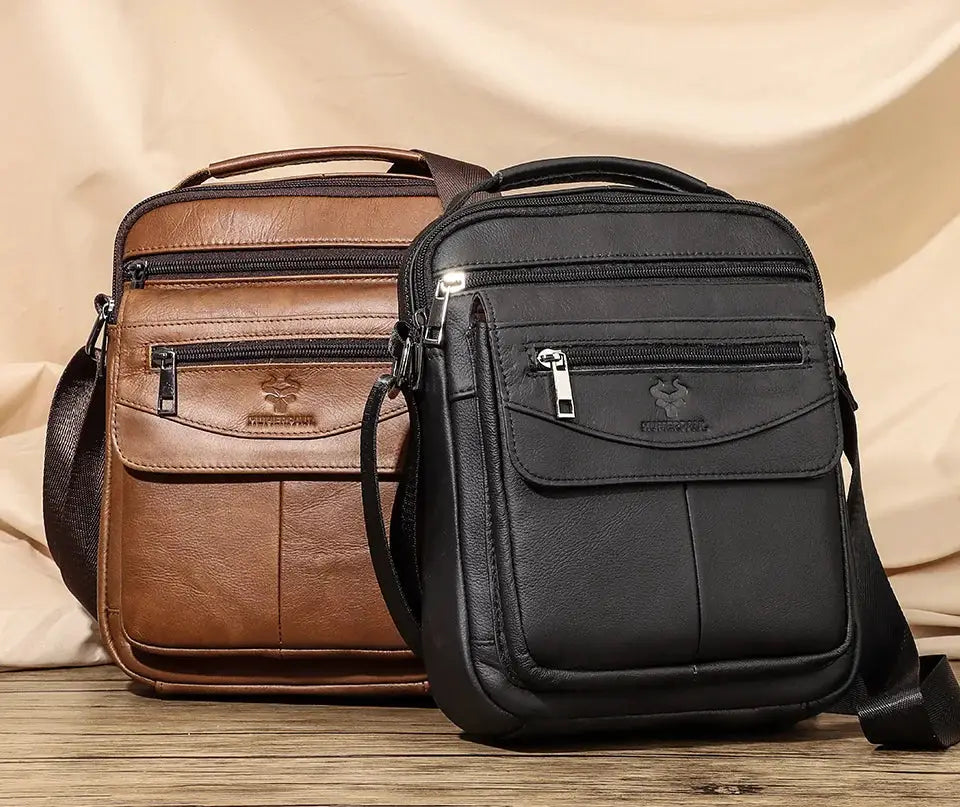 Two HUMERPAUL genuine leather small messenger bags by Simples Market, black and brown crossbody.