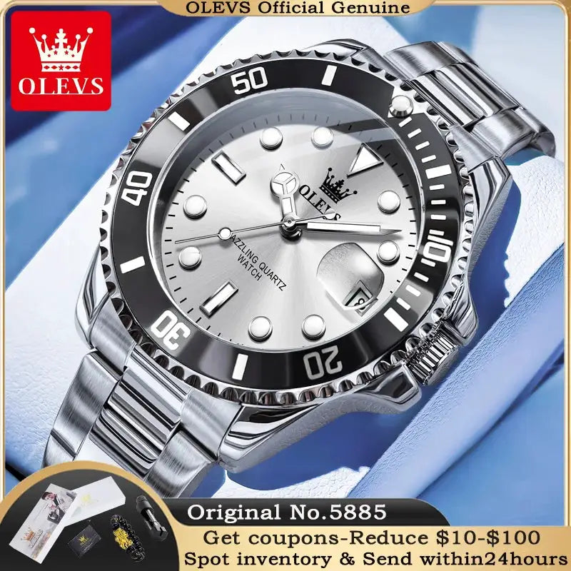 OLEVS men's stainless steel watch with black unidirectional bezel, silver dial, luminous markers, and date window