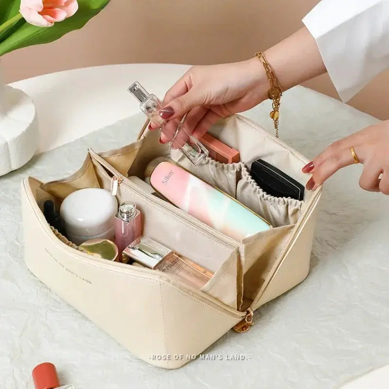 VoyageMate Large Capacity PU Leather Cosmetic Bag Travel Toiletry Organizer for Women Multi Compartment Design