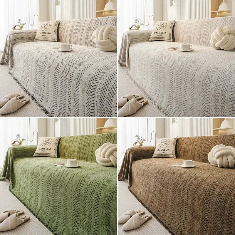 3-seater sofa cover with fishbone pattern; 4 color options white, grey, green, brown; anti-scratch, non-slip, stain-resistant.