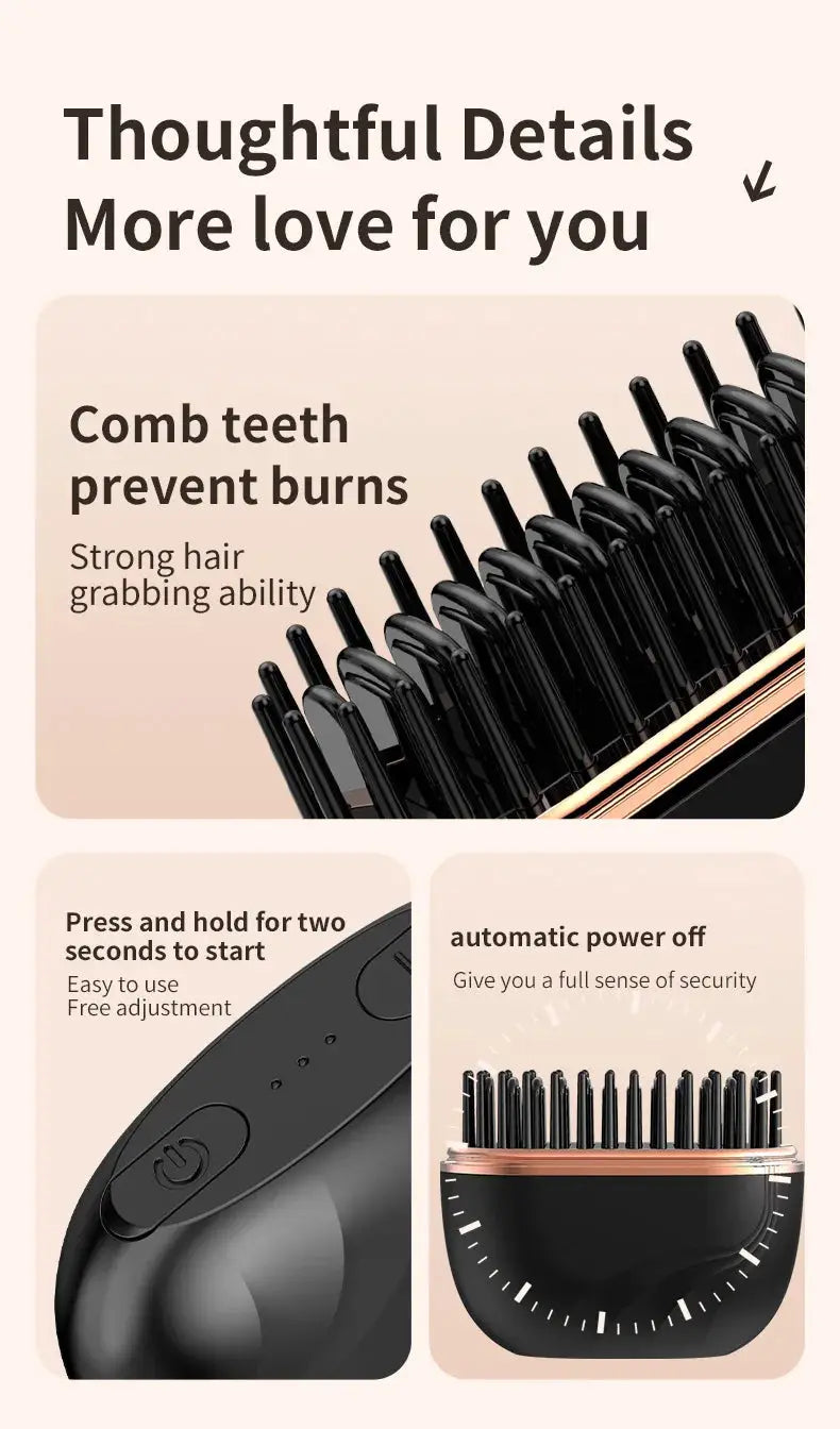Mini cordless USB rechargeable hair straightener brush with anti-scald shell, black with rose-gold accents