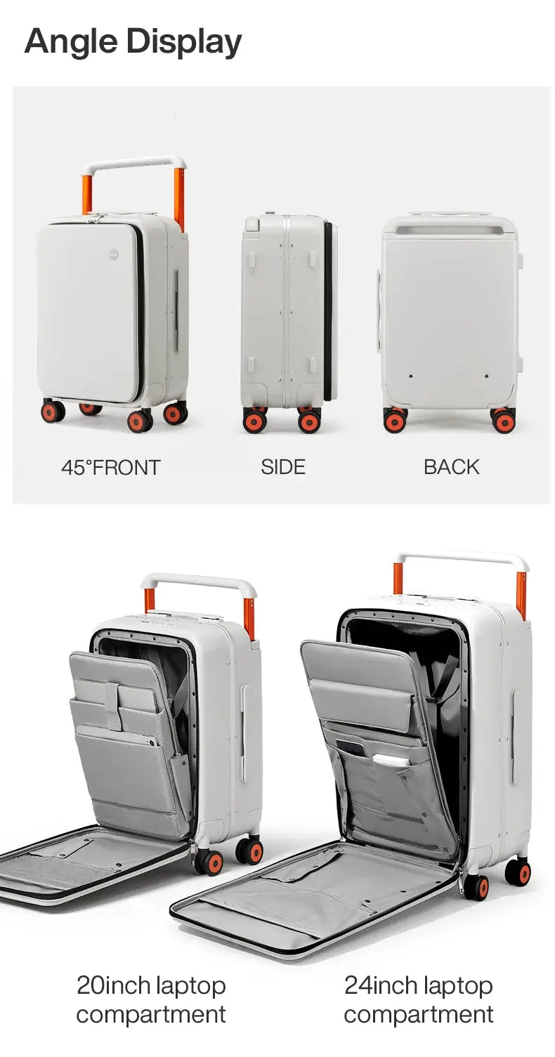Mixi 20-inch carry-on suitcase with PC aluminum frame, white body and orange wheels by Simples Market