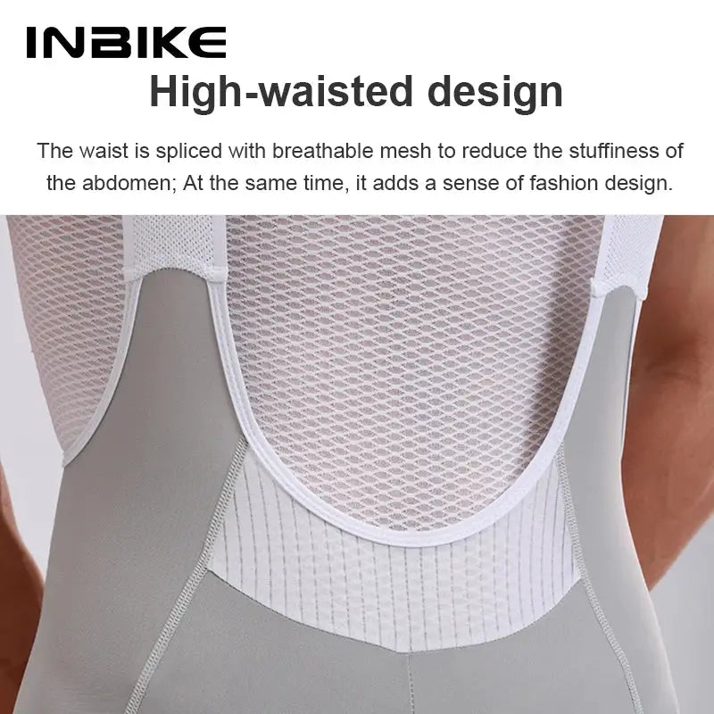 INBIKE men's cycling bib shorts, high-waisted with gray and white breathable mesh back.