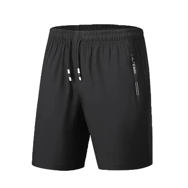 Men's black quick-dry running shorts with drawstring and zip pockets