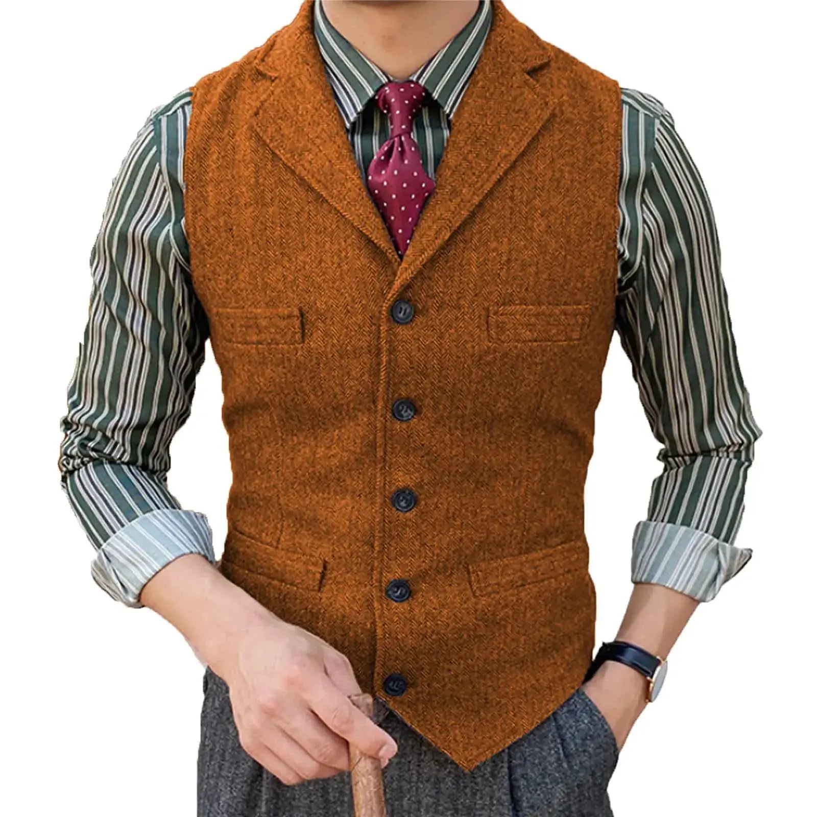 Men's wool herringbone vest in brown with lapel, button-front, worn over a green striped shirt