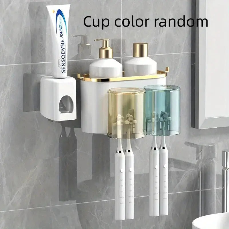 BrightNest Toothbrush Holder With Squeezer And Mouthwash Cup Adhesive Mount Perforation Free Design For Home Organizing