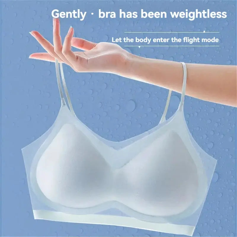 Ultra-thin breathable ice-silk top bra in white with seamless back-strap halter design