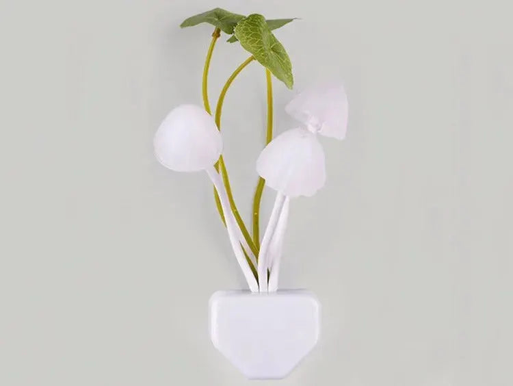Mushroom night light by Simples Market; white LED mushroom lamp with green stems in a white pot (3 mushrooms)