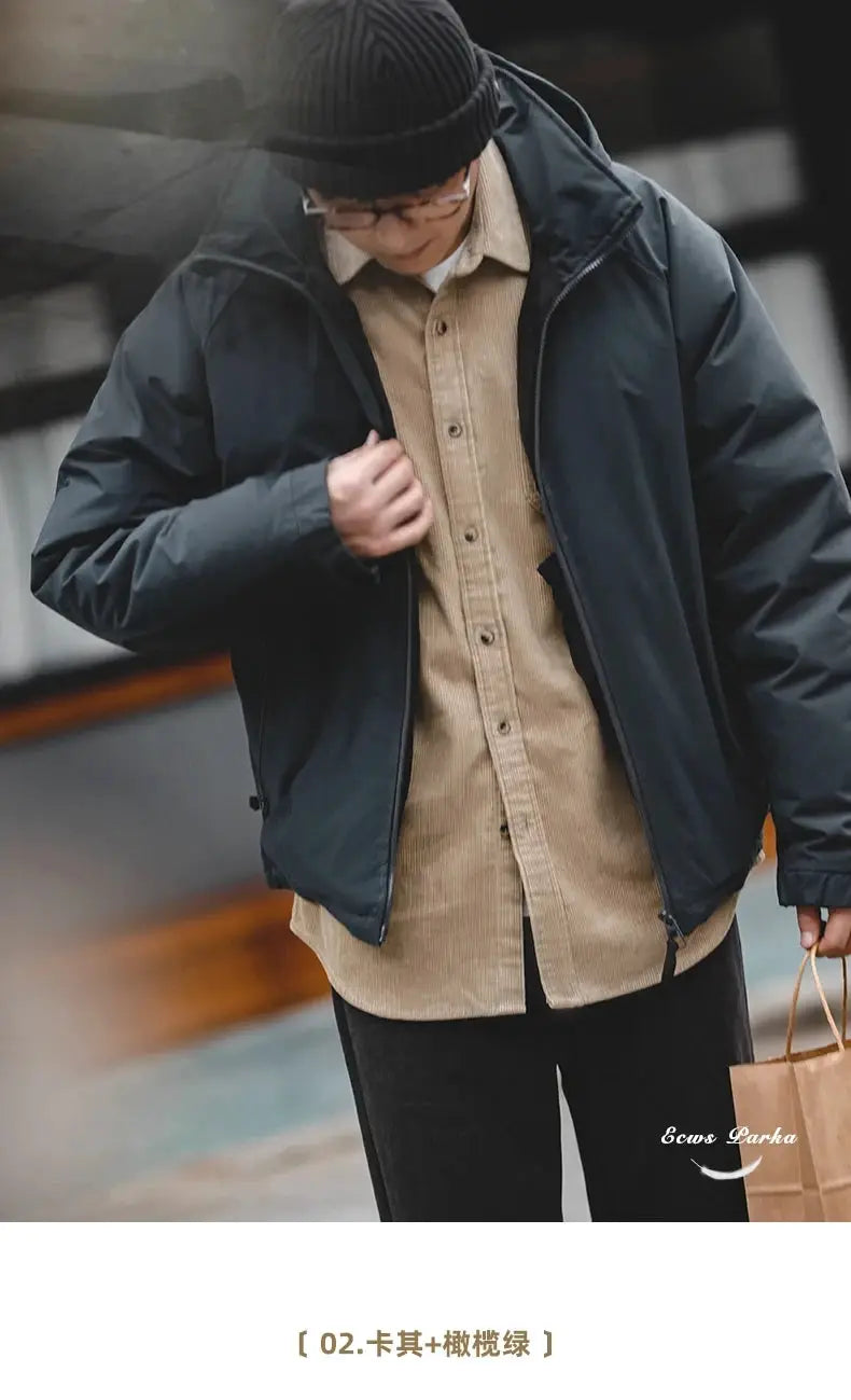 Men's Maden hooded down jacket in black, winter parka outerwear.