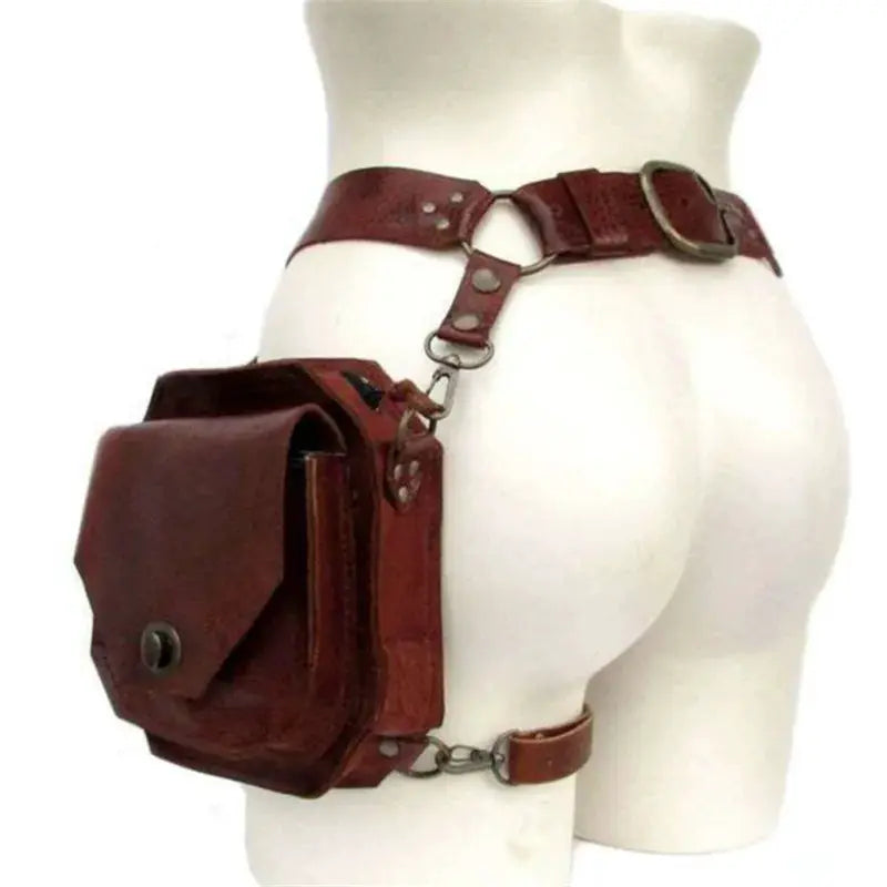Punk retro PU waist bag, brown square hip pack with front flap pocket, worn on a multi-strap belt.