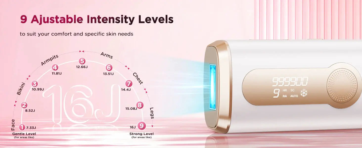 IPL hair removal device with cooling, pink-gold handheld unit, 9 intensity levels, 999,900 flashes