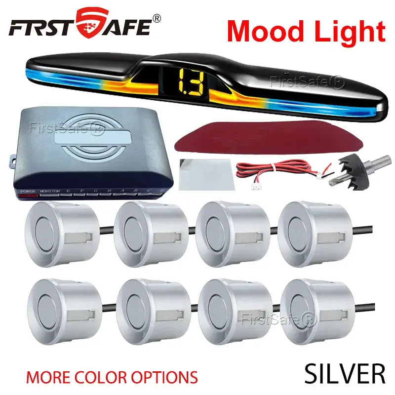 FirstSafe parking sensor kit with mood-light display, 8 silver radar sensors and monitor by Simples Market