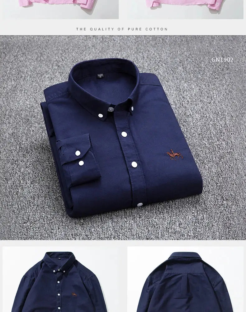 Navy cotton Oxford shirt by Simples Market, long sleeves, white buttons, horse embroidery.