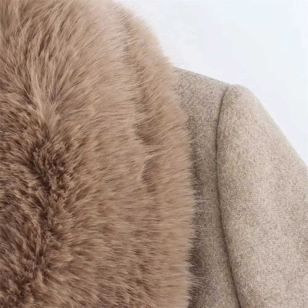 Women Aurora Belted Warm Fur Collar Coat Luxurious Style With Slimming Wide Waist For Autumn And Winter