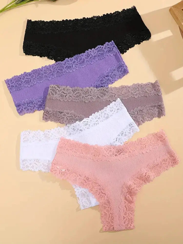 5-pc set of women's cotton panties with floral lace trim in black, purple, taupe, white, and pink