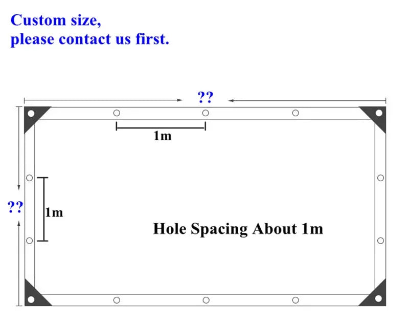 Sunshade net rectangle (HDPE) with reinforced corners and edge grommets; 1m hole spacing, custom size.