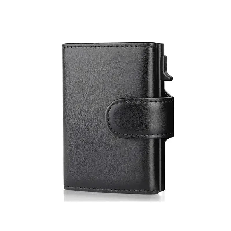 RFID microfiber leather men’s wallet with snap strap, black slim trifold design.