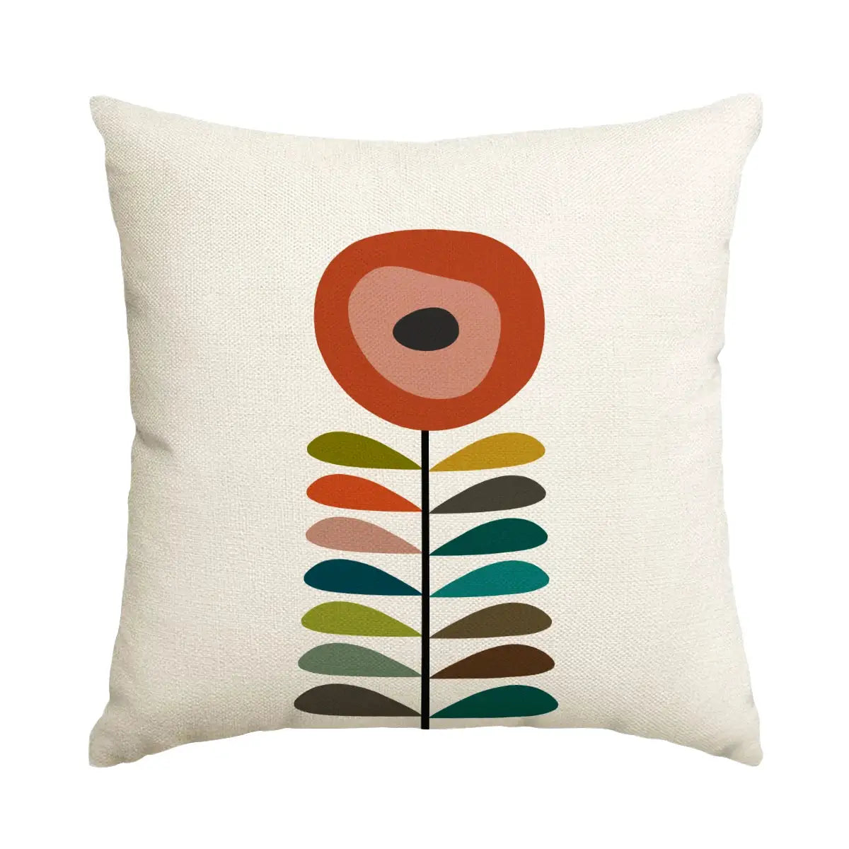Pillow cover with boho floral print featuring an orange flower and colorful leaves on cream background, Simples Market.