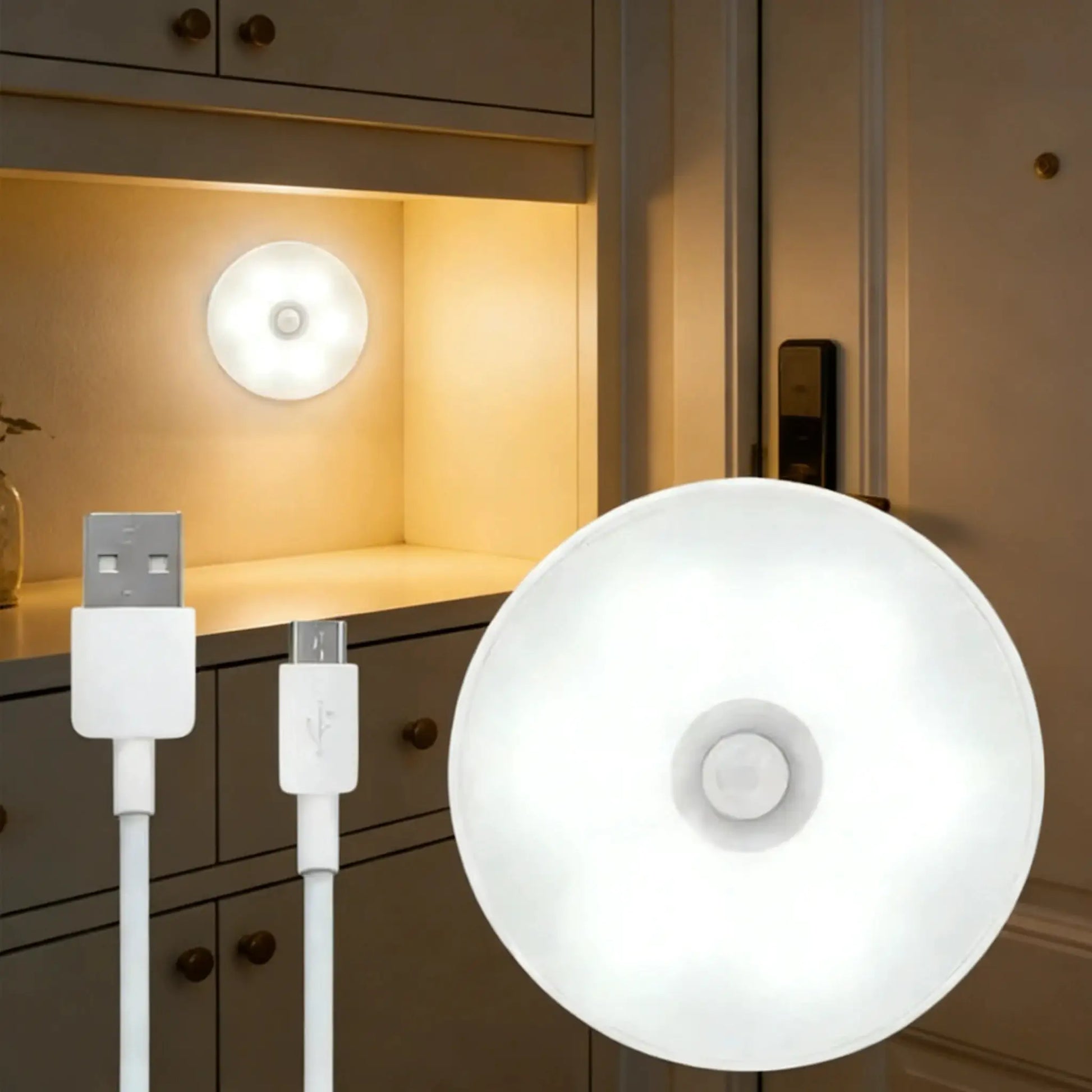 Motion Sensor Light USB Rechargeable Night Light LED Lamp by Simples Market, white round disk.