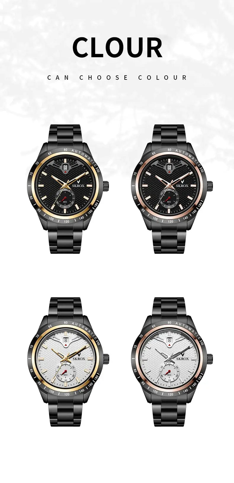 SKROX men's waterproof stainless steel automatic wristwatches by Simples Market, four watches shown with black and white dials