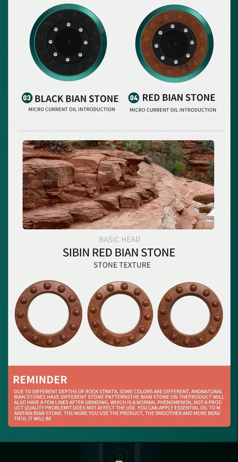 Simples Market Tricolor Electric GuaSha Massager with teal rims; two Bian Stone discs (black, red) and three brown rings
