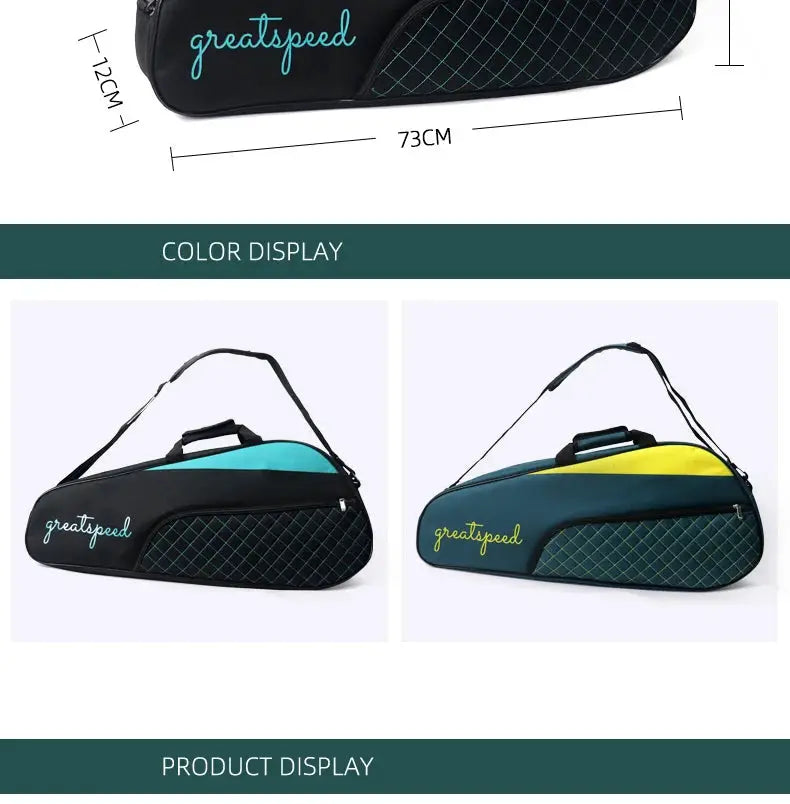 GREATSPEED racket bag by Simples Market, 3pc tennis/badminton bag, one-shoulder design, black-teal or blue-yellow variant