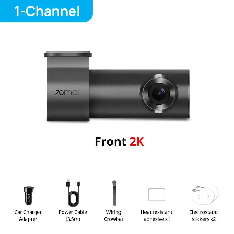 70mai M310 Plus 2K dash cam in black; includes charger adapter, 3.5m power cable, wiring crowbar, adhesive, stickers