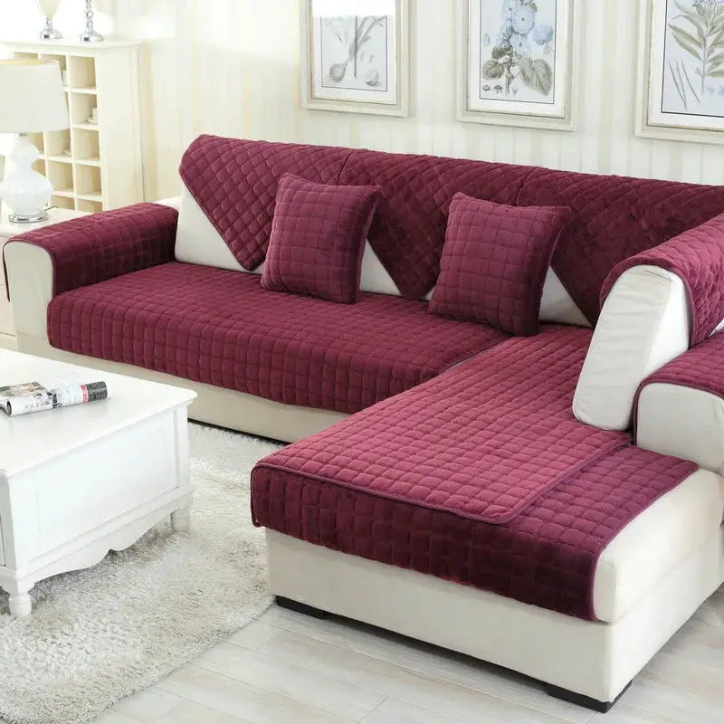 Simples Market plush plaid velvet sofa cover set with non-slip universal fit and matching burgundy cushions