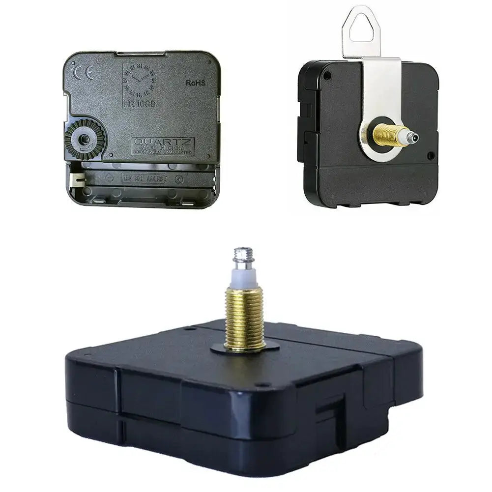 Clock mechanism quartz movement kit; silent operation, black plastic housing with metal shaft, set of 3 DIY parts