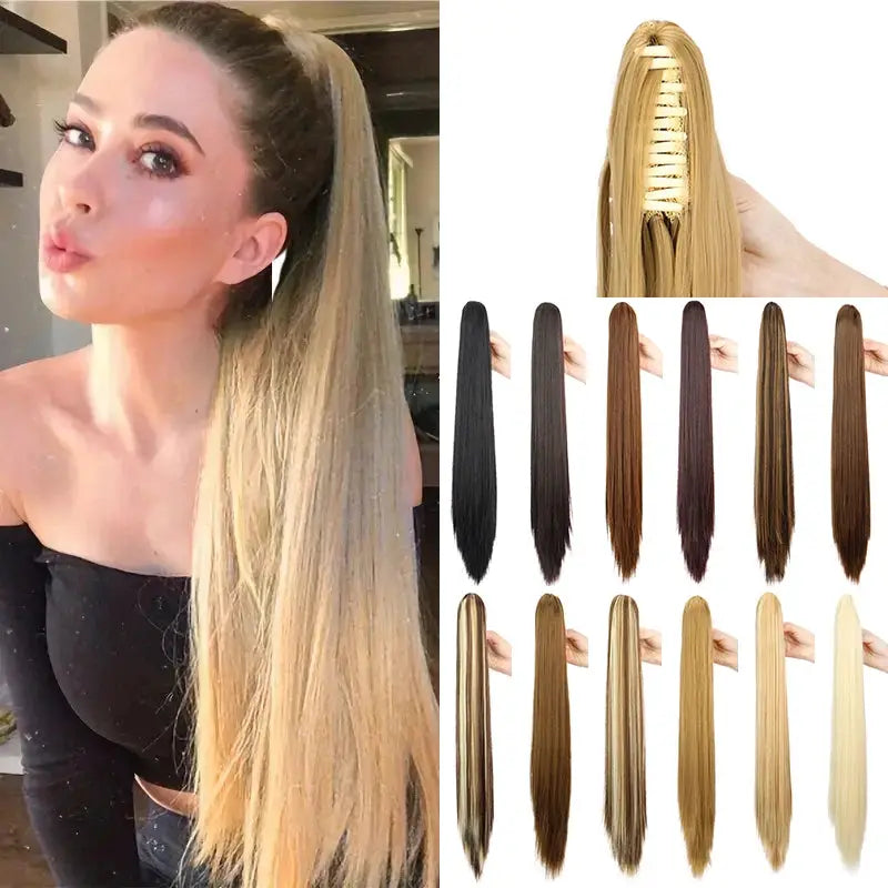 Simples Market 24-inch synthetic clip-on ponytail hair extension in blonde, heat resistant with comb attachment.
