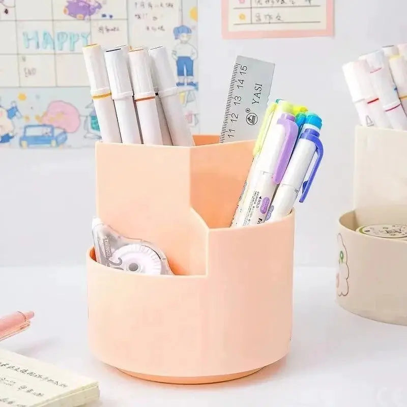 DeskZen Rotating Pen Holder Three Hole Desk Organizer For Pens Pencils And Makeup Brushes Space Saving Design