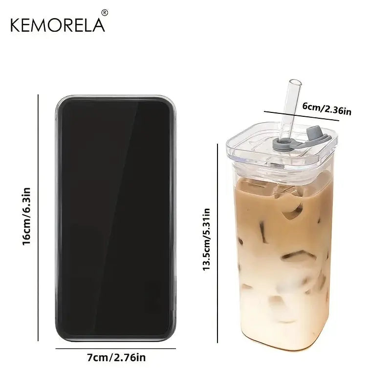 Square Heat Resistant Glass Transparent Cups With Lids And Straws Set Of 1 2 4 6 For Coffee Milk Tea Juice Mug
