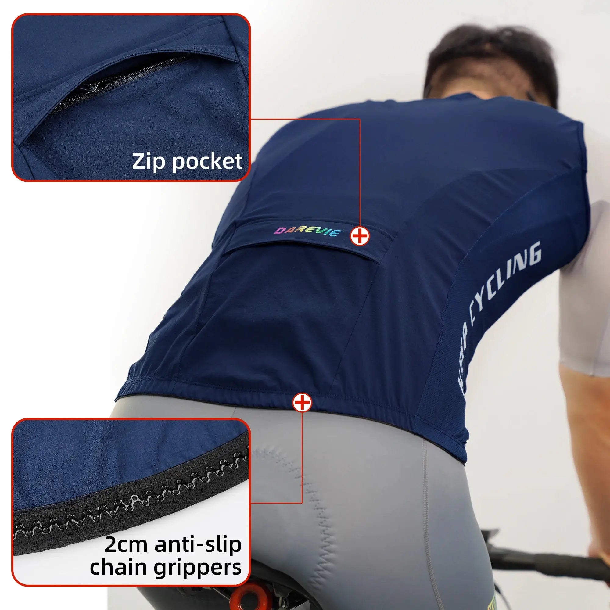 DAREVIE navy blue cycling vest with 2-way zipper and back zip pockets