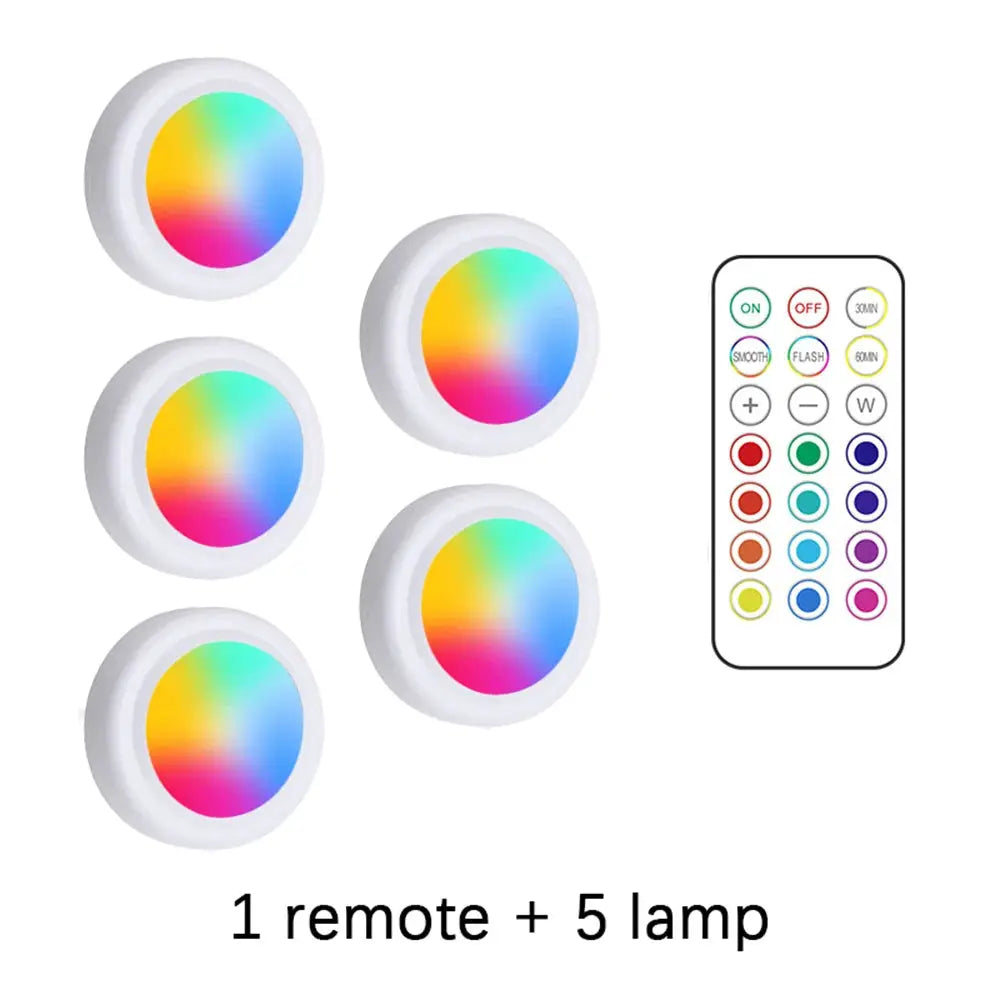 Under-cabinet RGB LED light set with 5 circular wireless lamps and 1 remote control