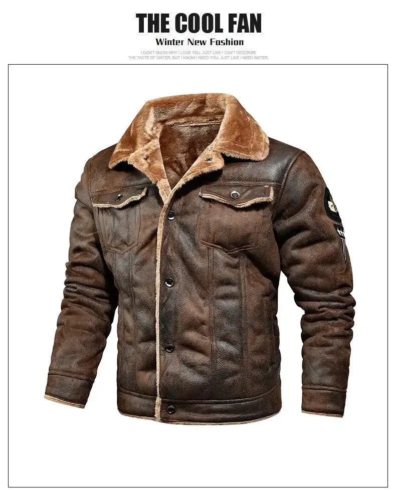 Men's brown leather jacket with fur-lined shearling collar, front button closure and chest pockets