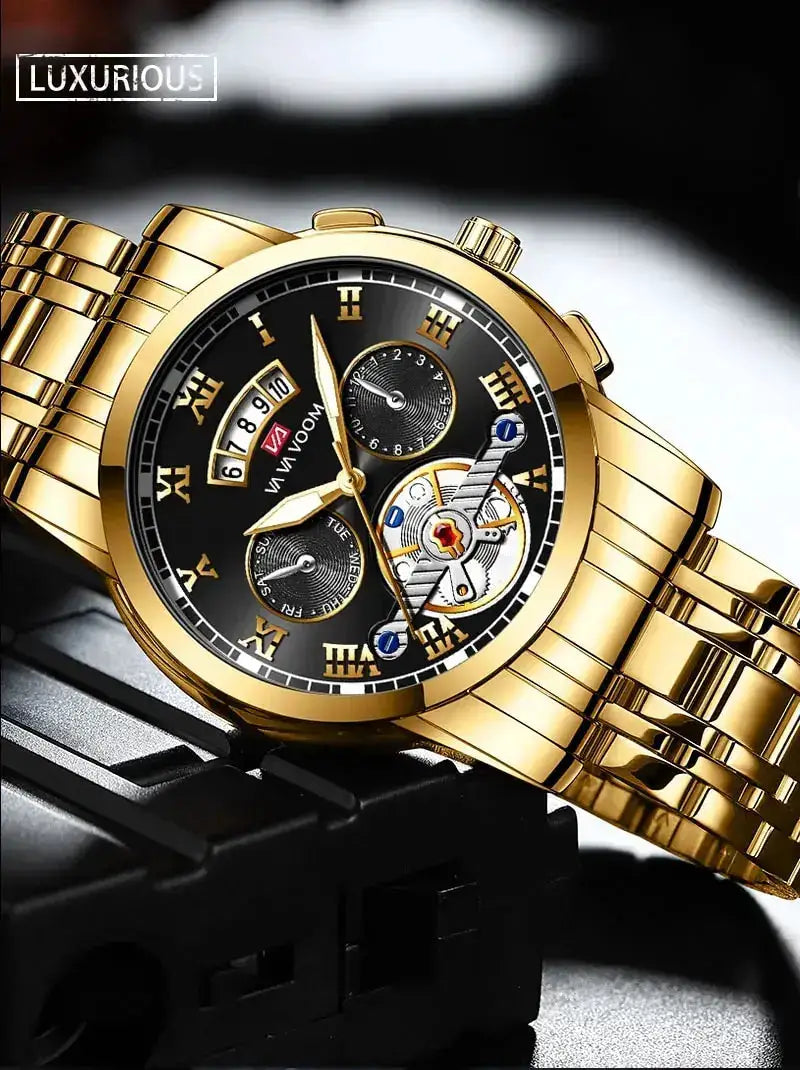 Gold-tone stainless steel men's luxury watch with black dial, Roman numerals, and exposed mechanical gear