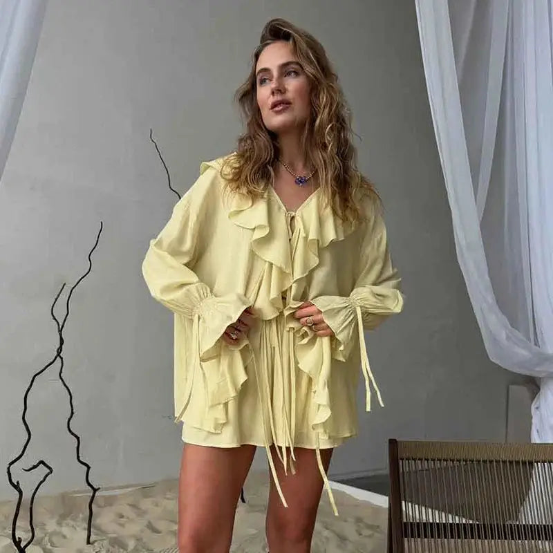 Tornova Womens Ruffled Shorts Sets V Neck Lace Up Shirt Spring Casual