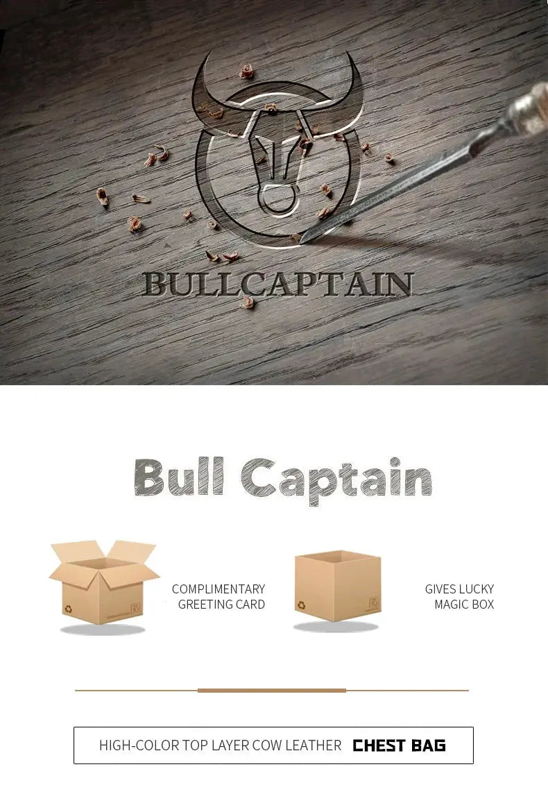 Bull Captain men's genuine leather chest bag crossbody for 7.9-inch phone, anti-theft; two cardboard boxes visible.
