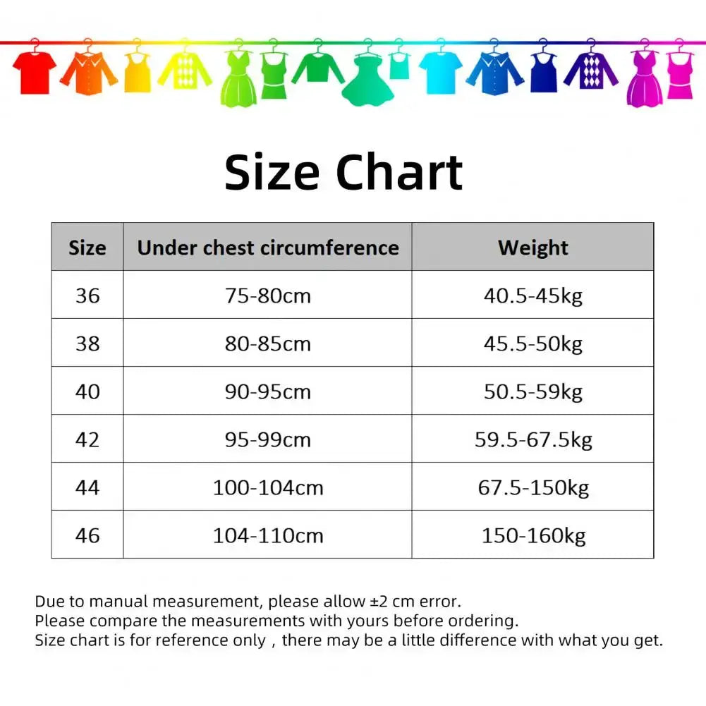 Women's wireless free bra size chart from Simples Market showing under-bust circumference and weight ranges.