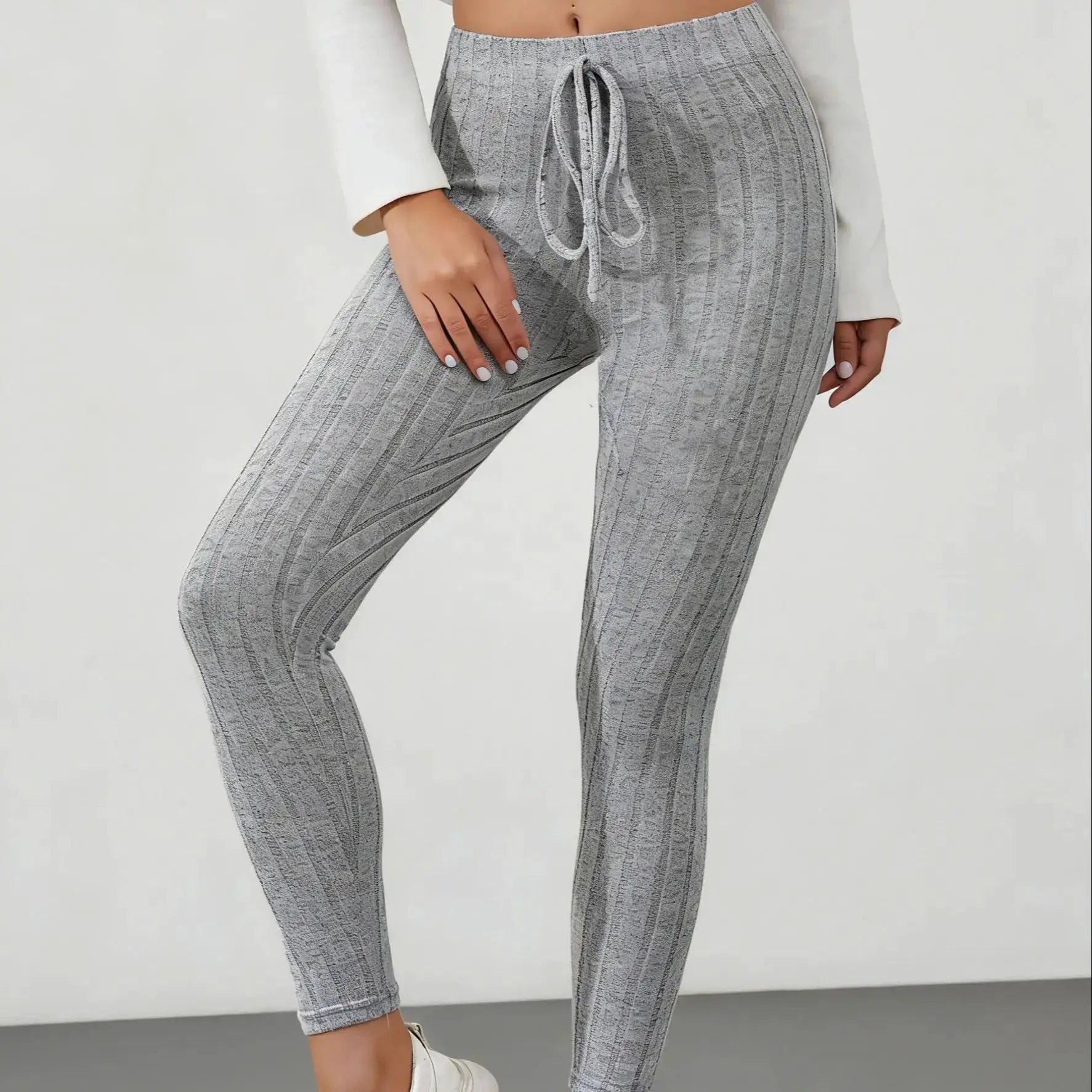 Women's leggings by Simples Market, grey striped stretchy with elastic drawstring waist