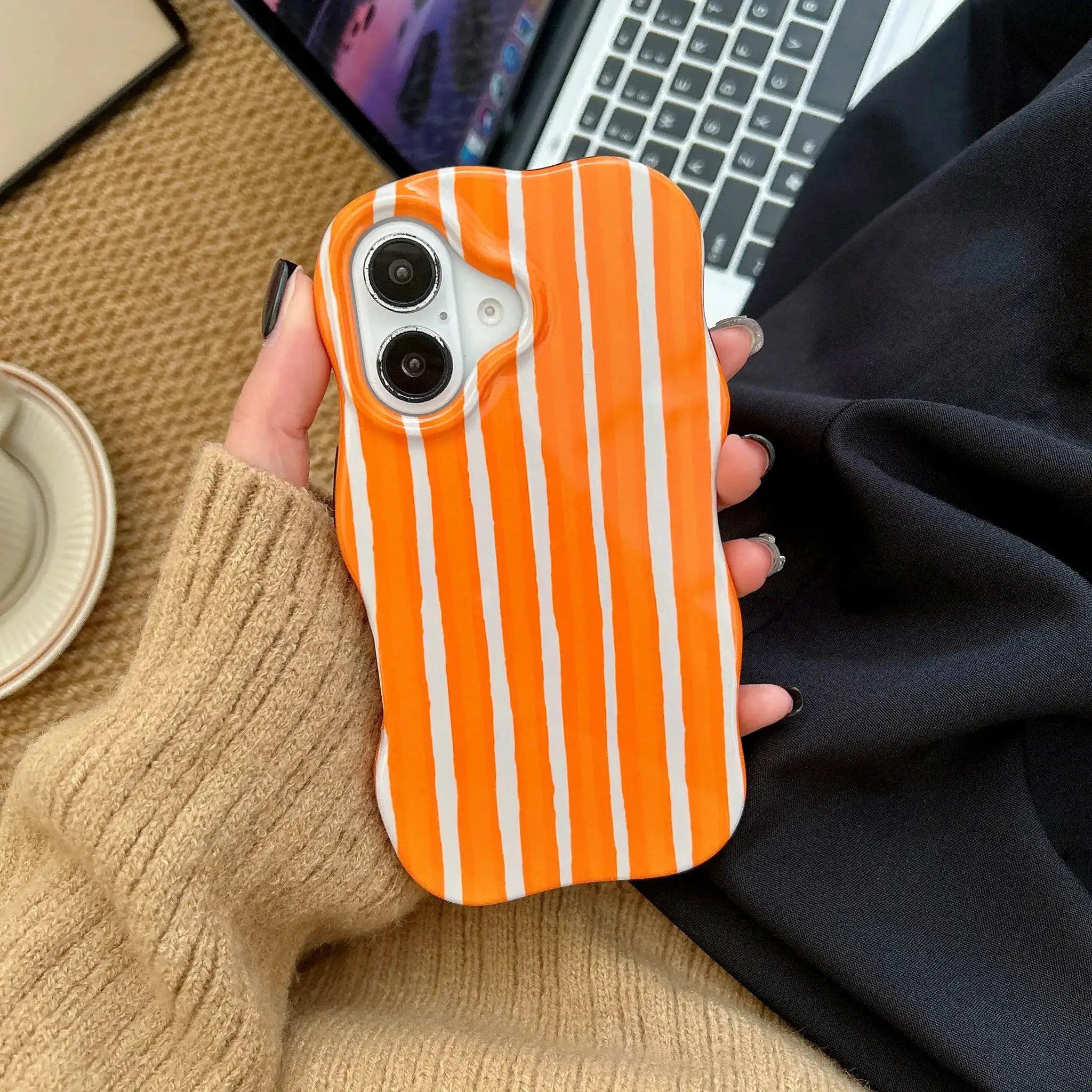 Fashion 2 In 1 Glossy Stripes Phone Case For iPhone 13 14 15 16 Pro Max With Wave Edges And Slim Hard Back Cover