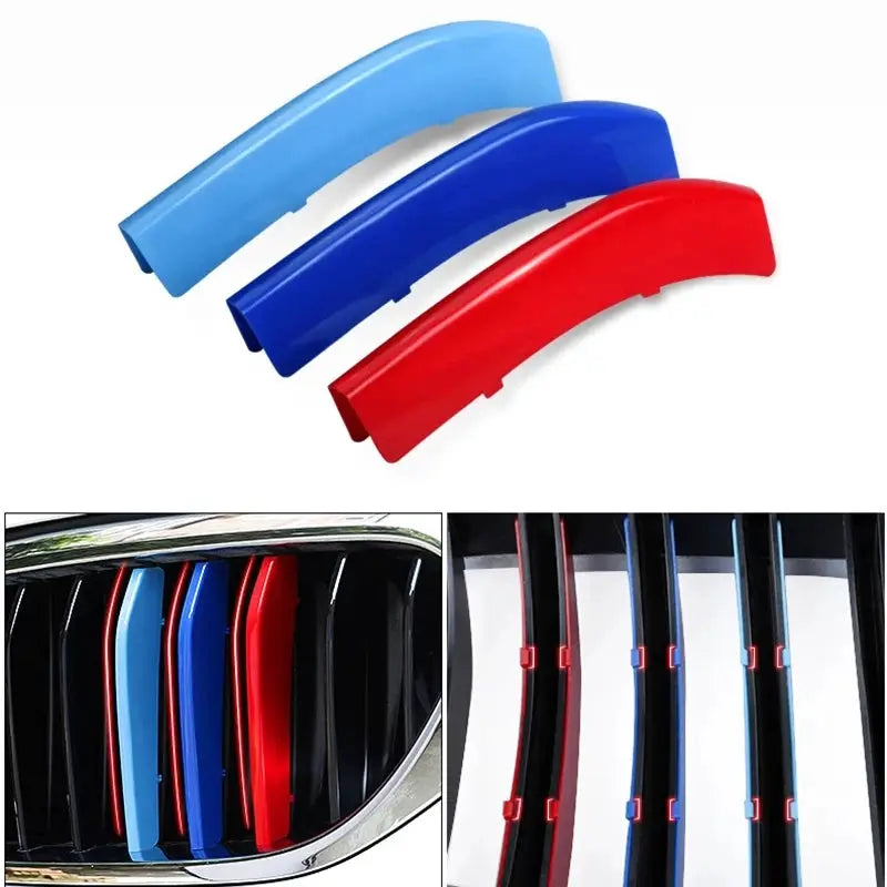 3Pcs BMW front grille trim strips by Simples Market in red, blue and light blue.