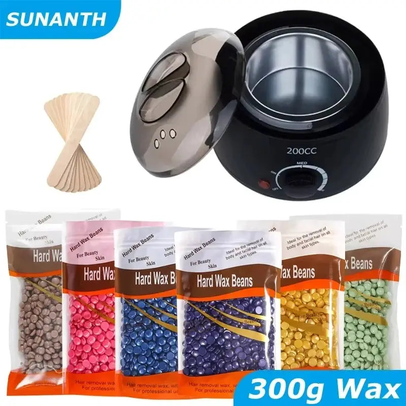 Wax heater kit 200ml with lid and dial; SUNANH brand, plus 6 bags of hard wax beans and wooden spatulas